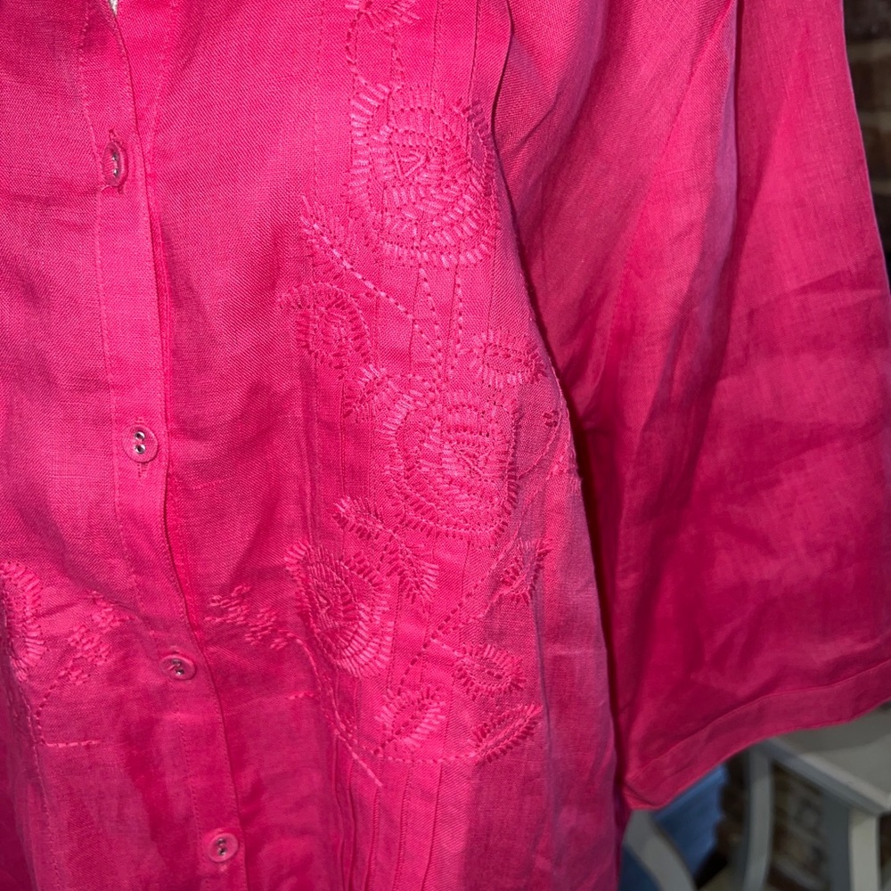 Tweeds Womens Pink Linen Embroidered 3/4 Sleeves Scoop Neck Shirt Top Size 3X - Picture 8 of 13